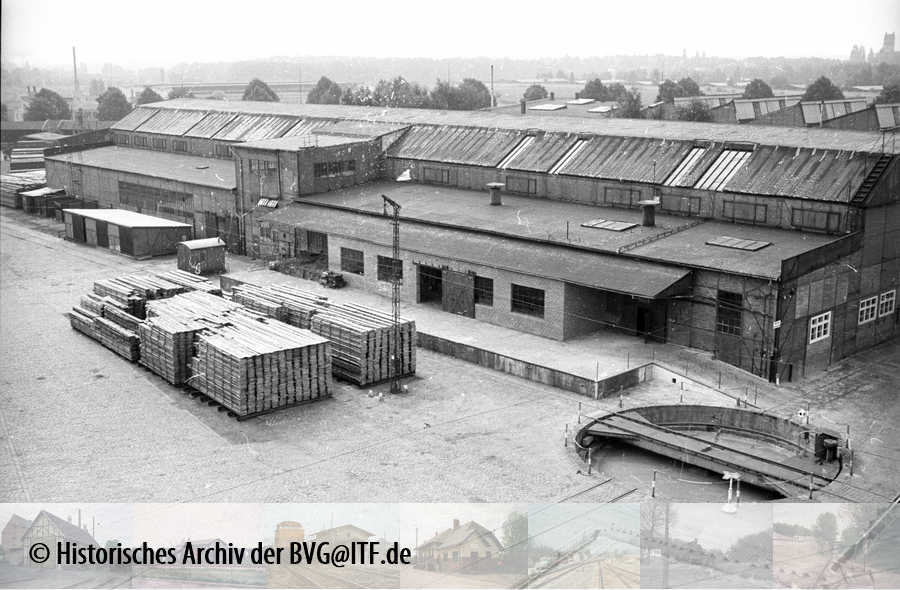 Die Hauptwerkstatt Cyclopstraße 1951. Foto Historisches Archiv der BVG