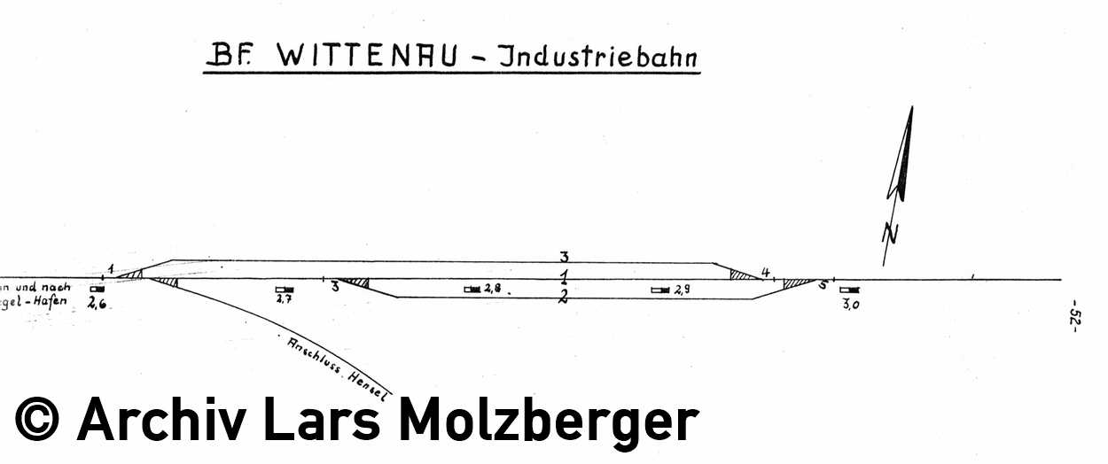 Gleisplan der Ladestelle Wittenau  1962 mit dem Anschluss der Firma Max Hensel Die Infrastruktur der Ladestelle ist im Vergleich zu 1947 deutlich vereinfacht ausgebildet.  Archiv Lars Molzberger