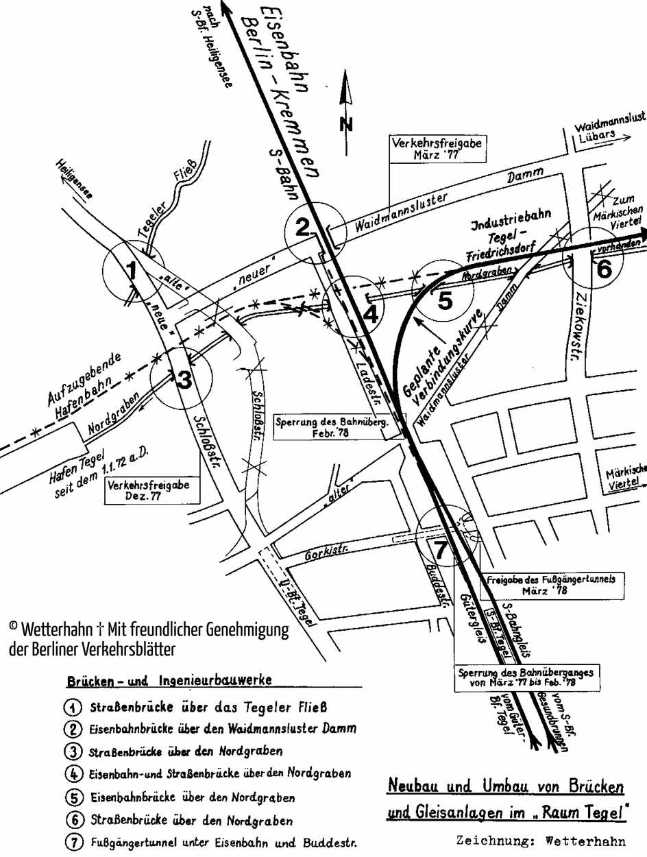 Die Zeichung beschreibt die Umgestaltung der Verkehrsinfrastruktur Tegel. 1974 Zeichnung Wetterhahn †, mit freundlicher Genehmigung der Berliner Verkehrsblätter